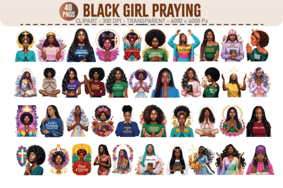 Black Girl Praying Clipart – 40 PNGs Illustrations