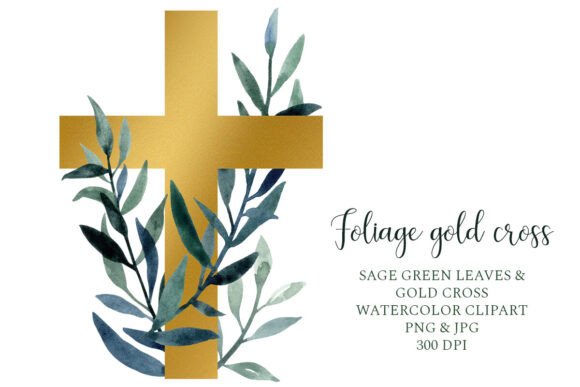 Greenery Gold Cross, Floral Easter Cross Illustrations