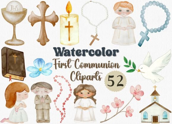 Watercolor First Communion Clipart Set: Illustrations